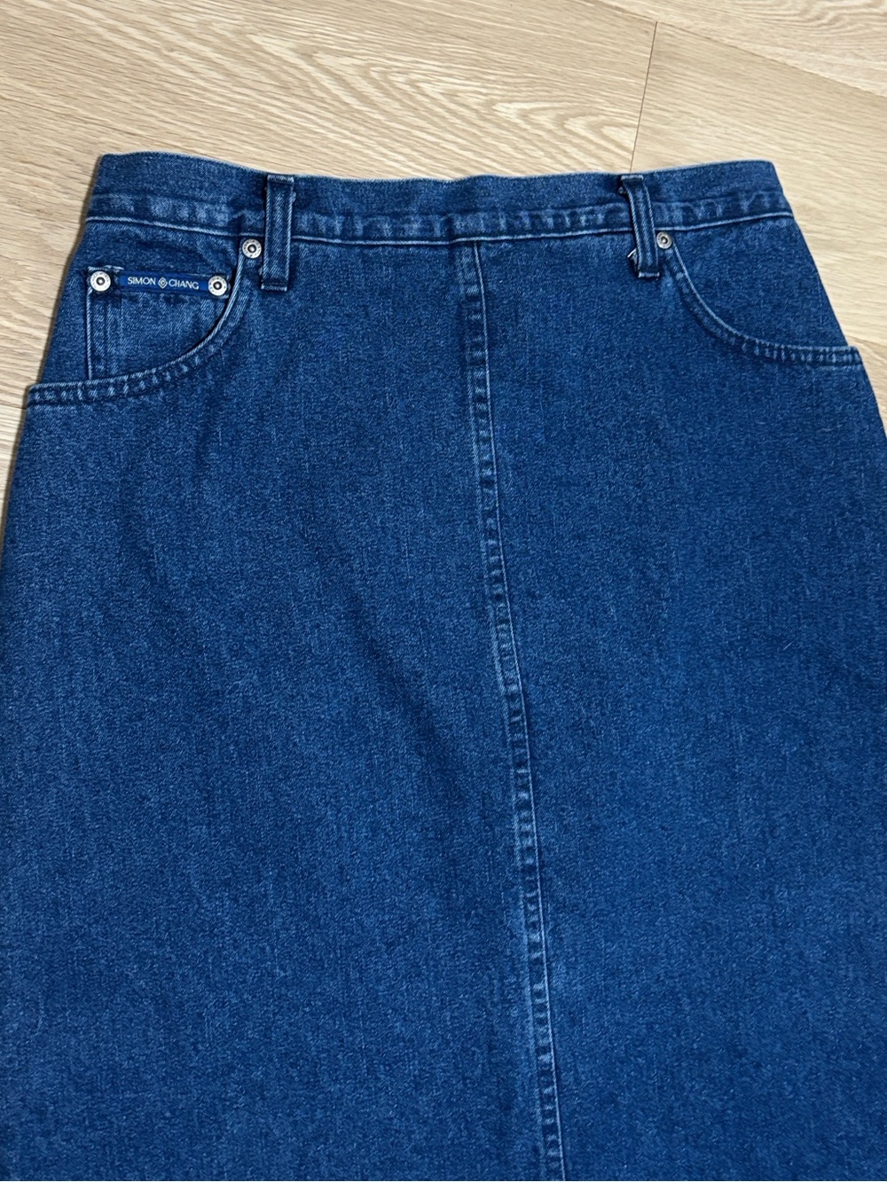 Vintage Simon Chang (12) Dark Wash Denim Maxi Skirt Back Slit 100% Cotton - Picture 3 of 15